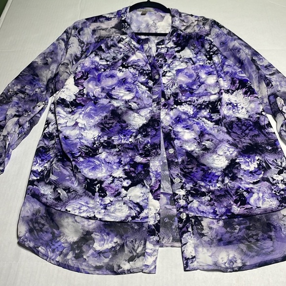 Women’s Purple Floral Button-Down Blouse  Sheer Top by ROZ& ALI, Size L - Picture 3 of 10